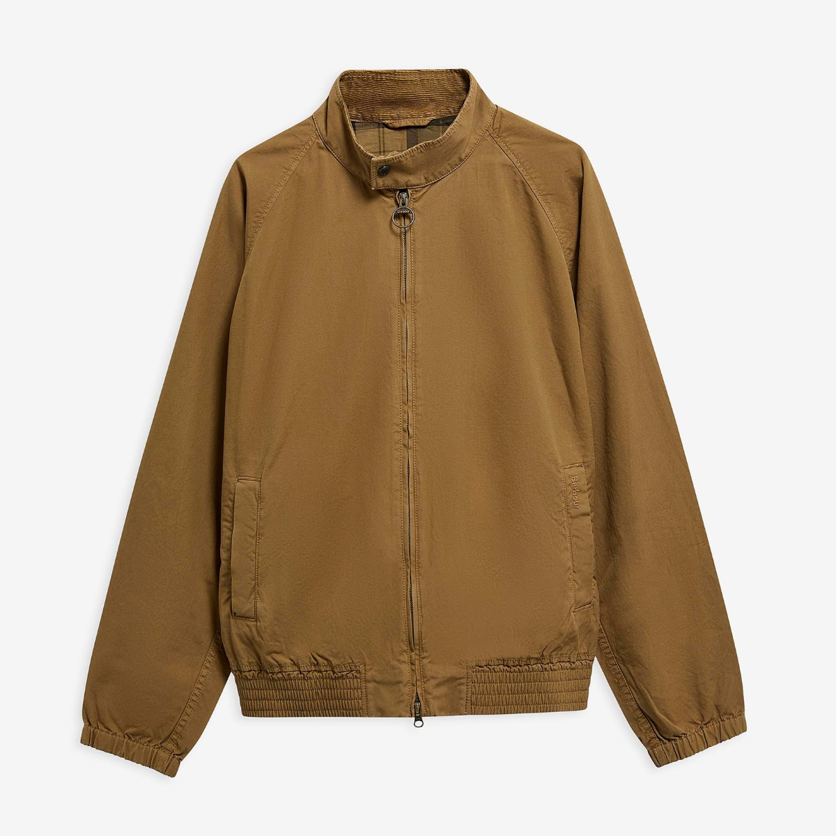 Front view of Barbour Royston camel Harrington jacket on a white background with full zip and ribbed hem