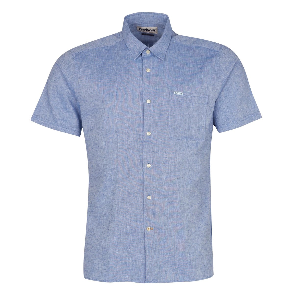 Front view of a blue Barbour Nelson short sleeve shirt with a chest pocket.