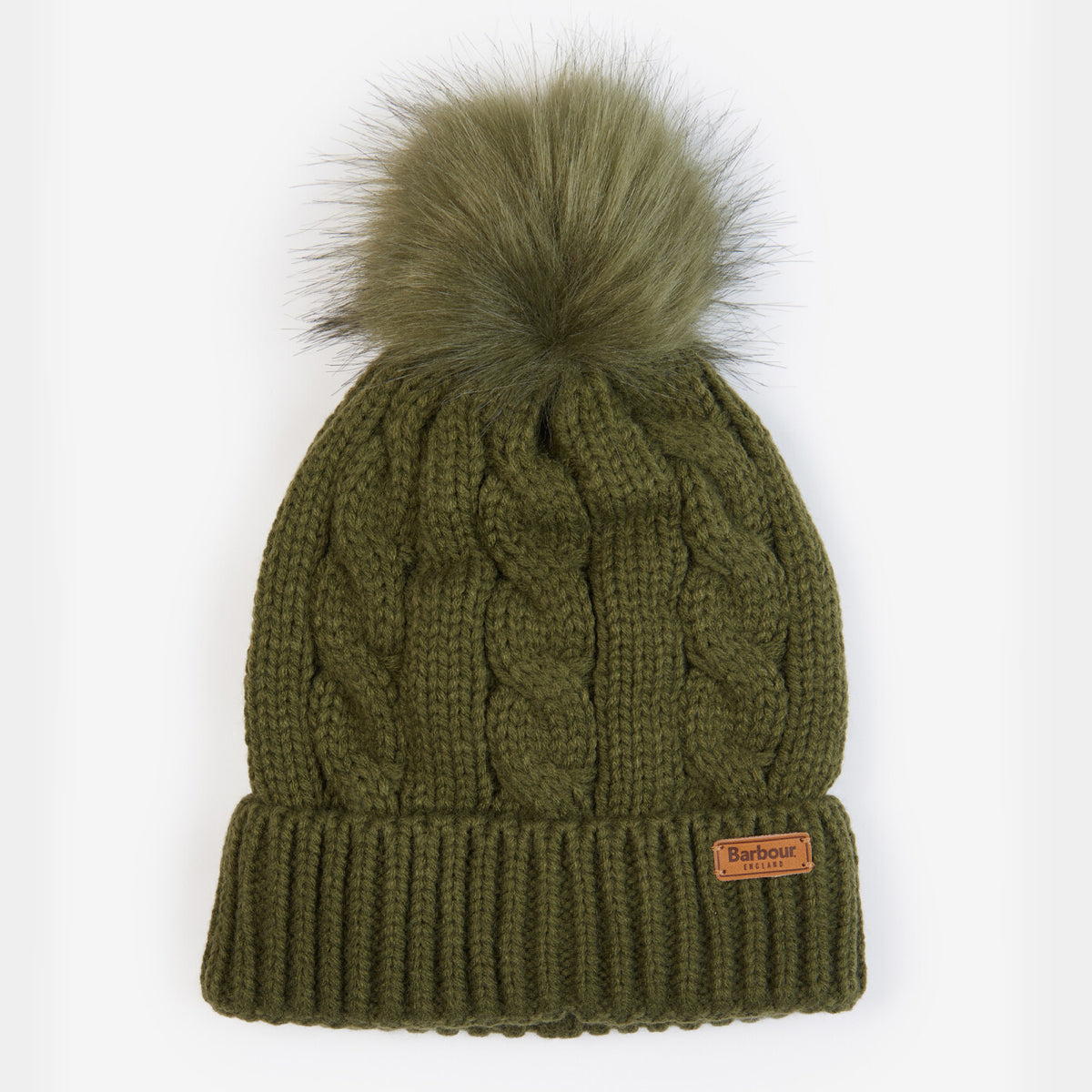 Olive Barbour Portobello Beanie with a fluffy fur pom and ribbed knit