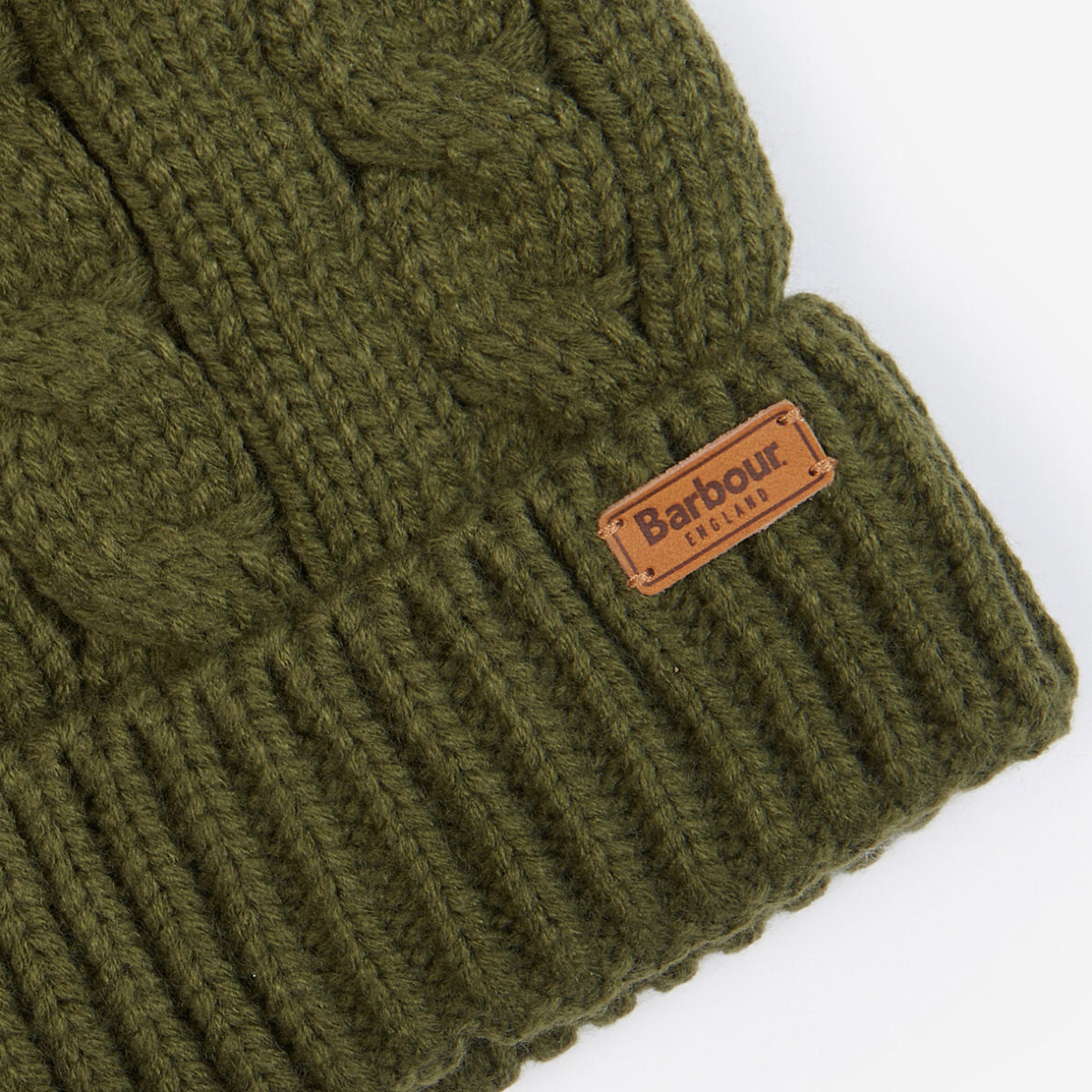 Olive Barbour Portobello beanie with chunky knit and leather Barbour patch