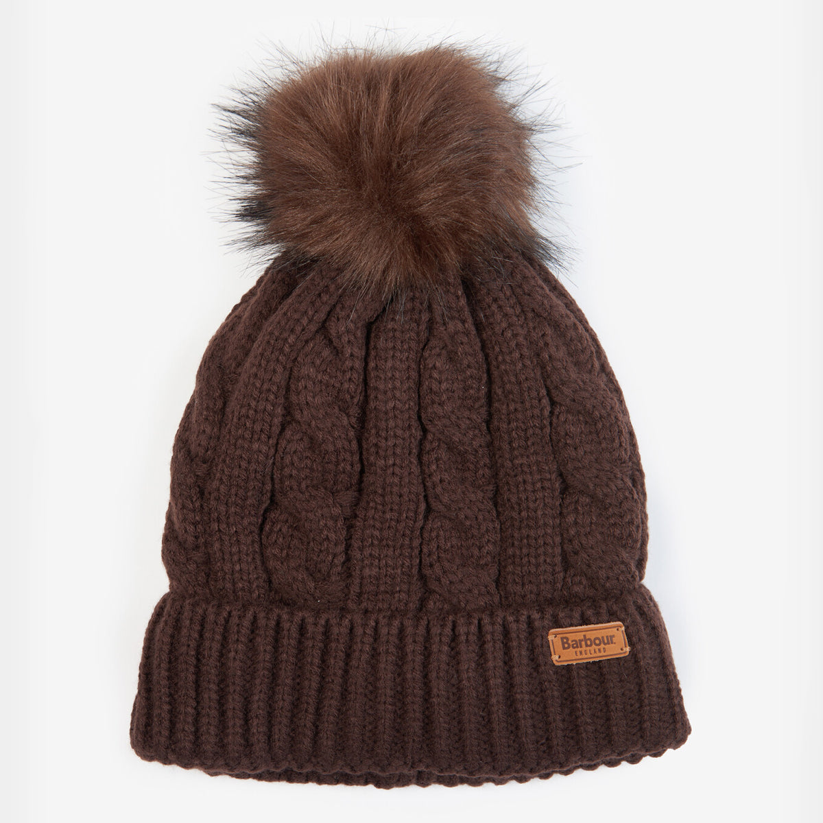 Barbour Portobello Beanie Praline in brown with a large fluffy pom pom and leather patch
