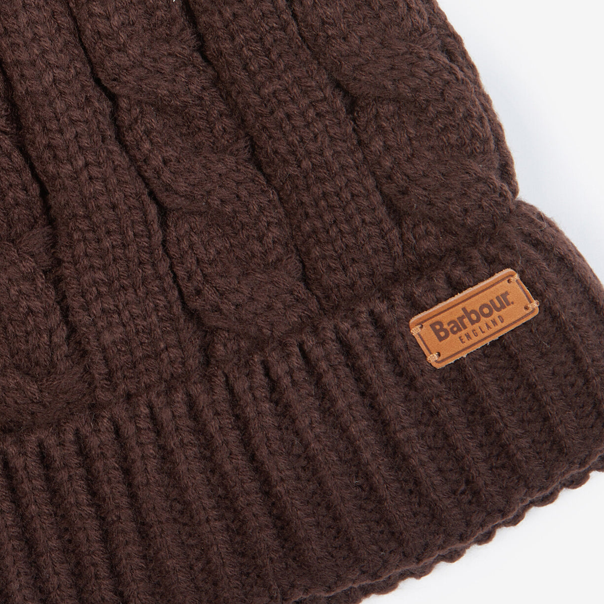 Barbour Portobello Beanie in praline brown with a leather patch