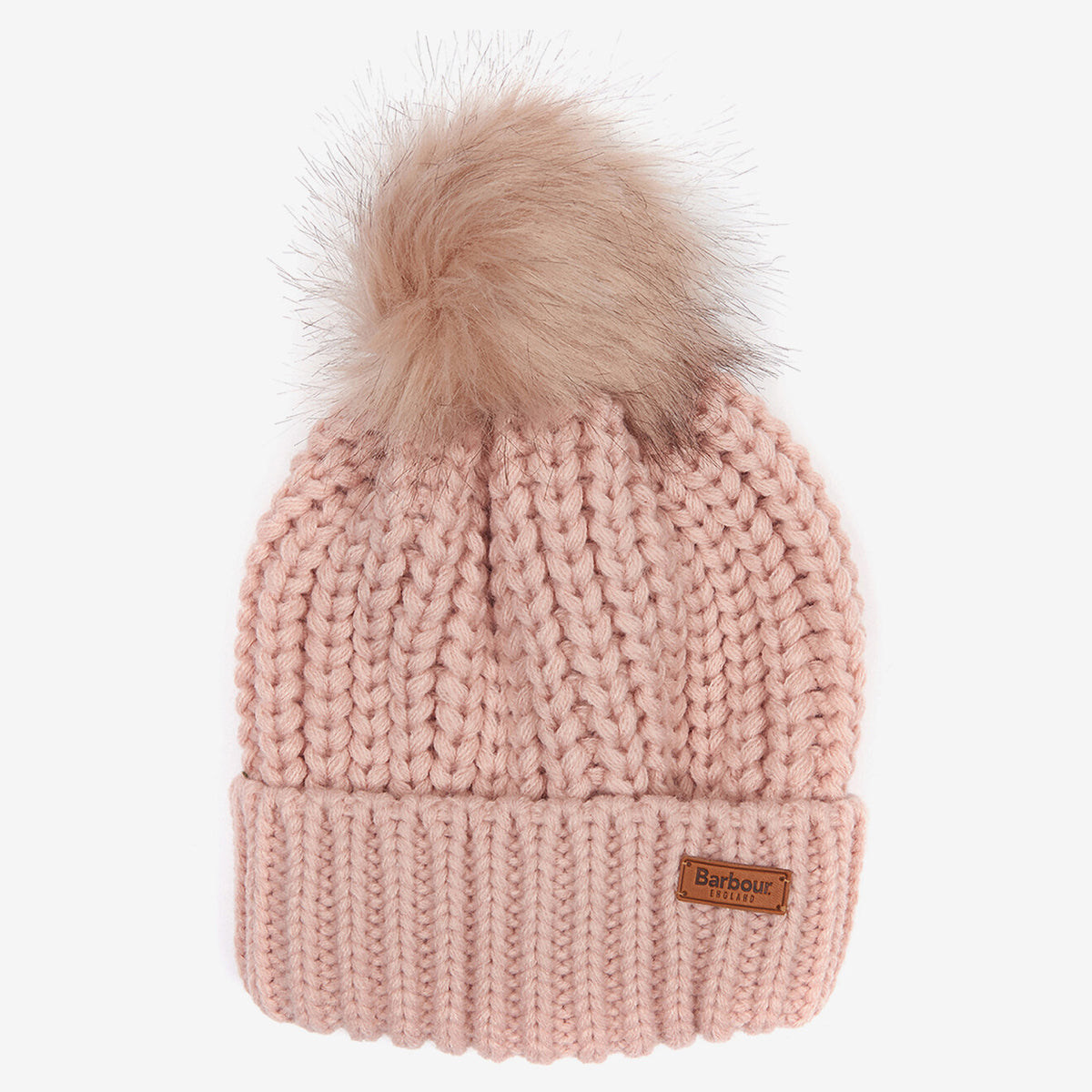 Pink Barbour Saltburn knit beanie with fur pom