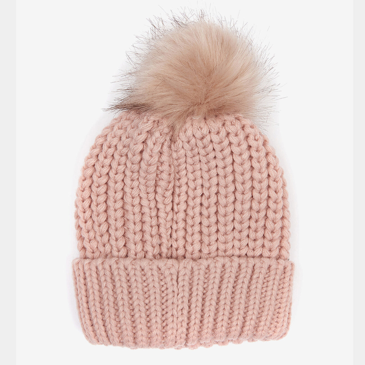 Pink Barbour Saltburn knit beanie with a large fluffy pom