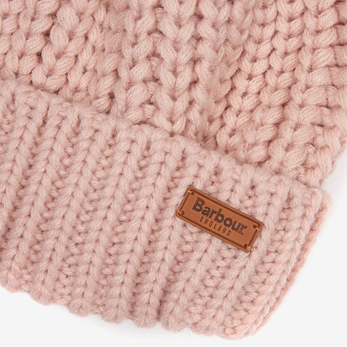 Pink Barbour Saltburn Beanie with a chunky knit body, ribbed cuff and leather patch