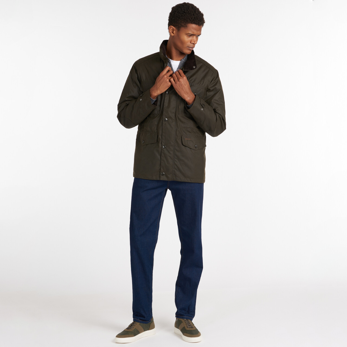 Barbour Sapper Wax Jacket in Olive worn by model