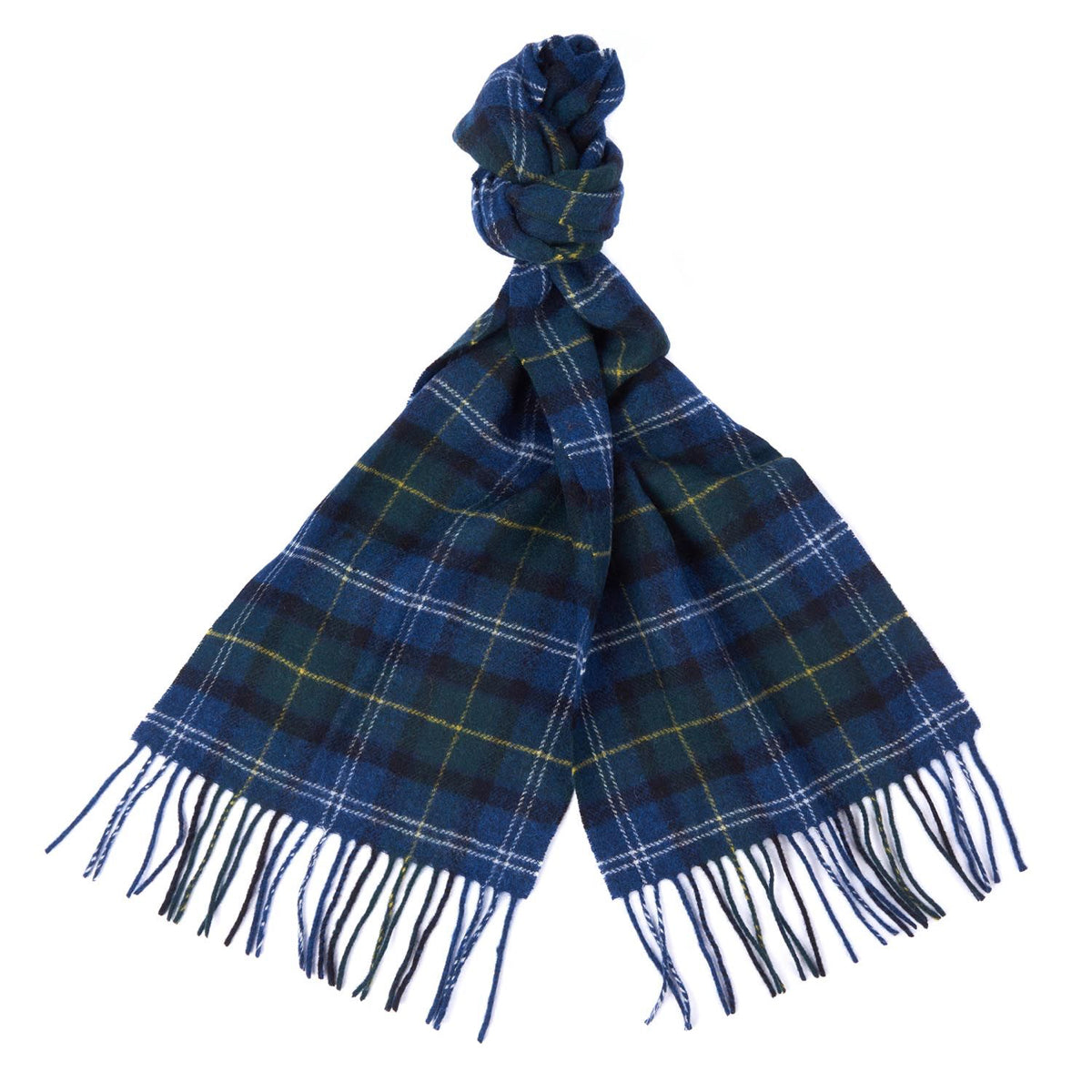 Barbour tartan lambswool scarf in Seaweed blue with white and yellow plaid tied in a knot