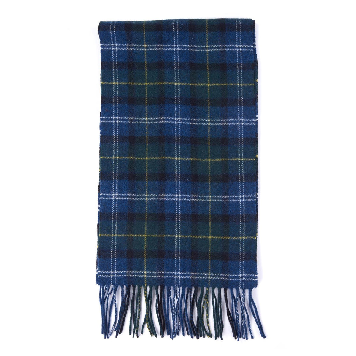 Barbour Tartan Lambswool Scarf in Seaweed plaid laid flat with fringed ends