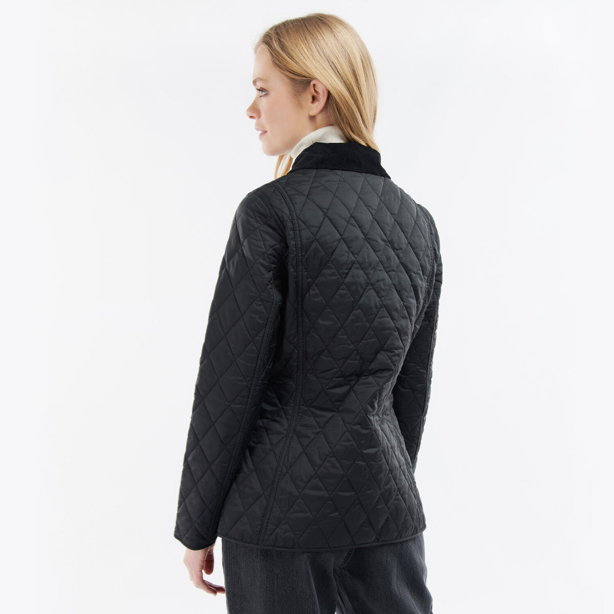 Rear view of Barbour Annandale Women's Quilted Jacket in Black on model