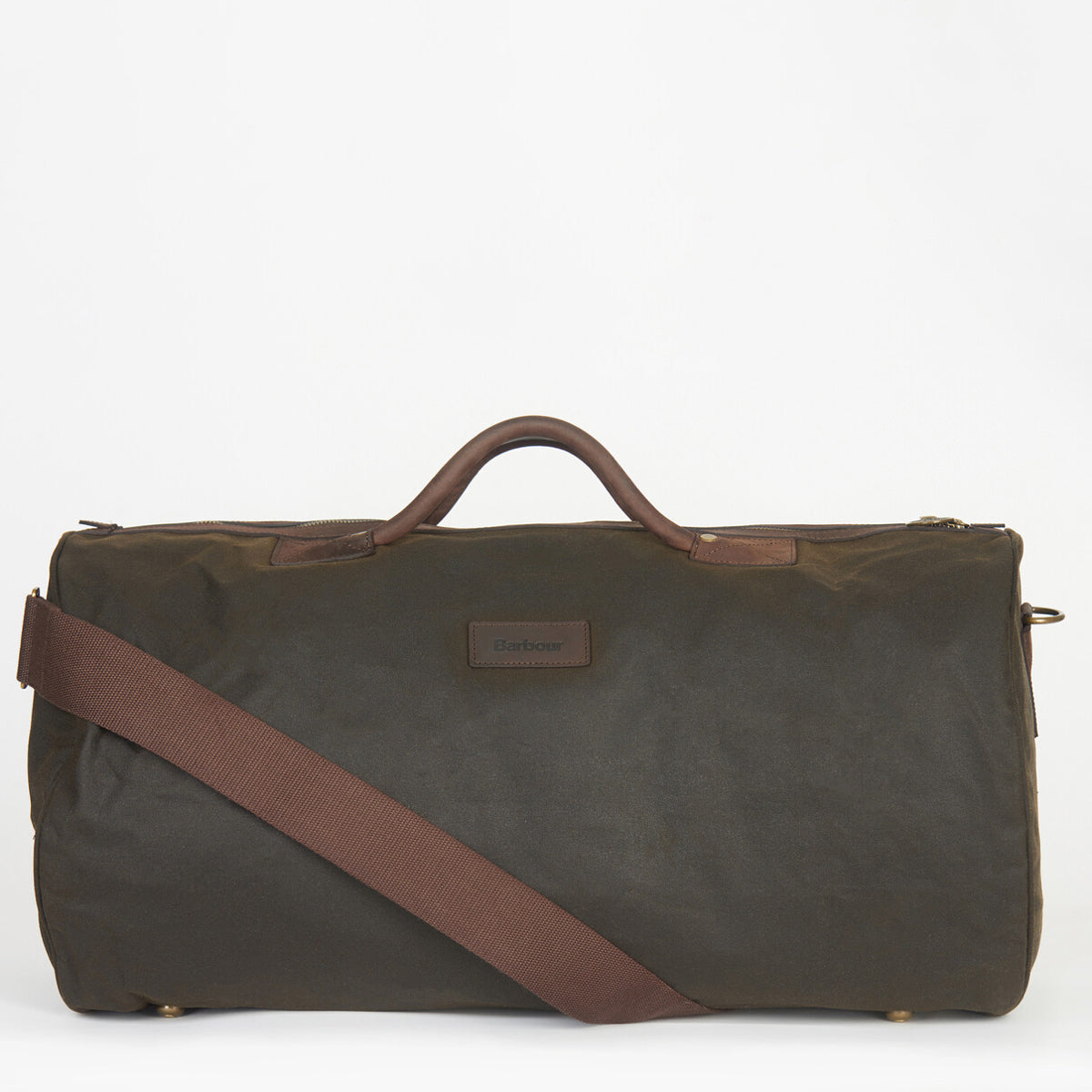 Barbour Wax Holdall in Olive – front view showing waxed cotton and leather handles