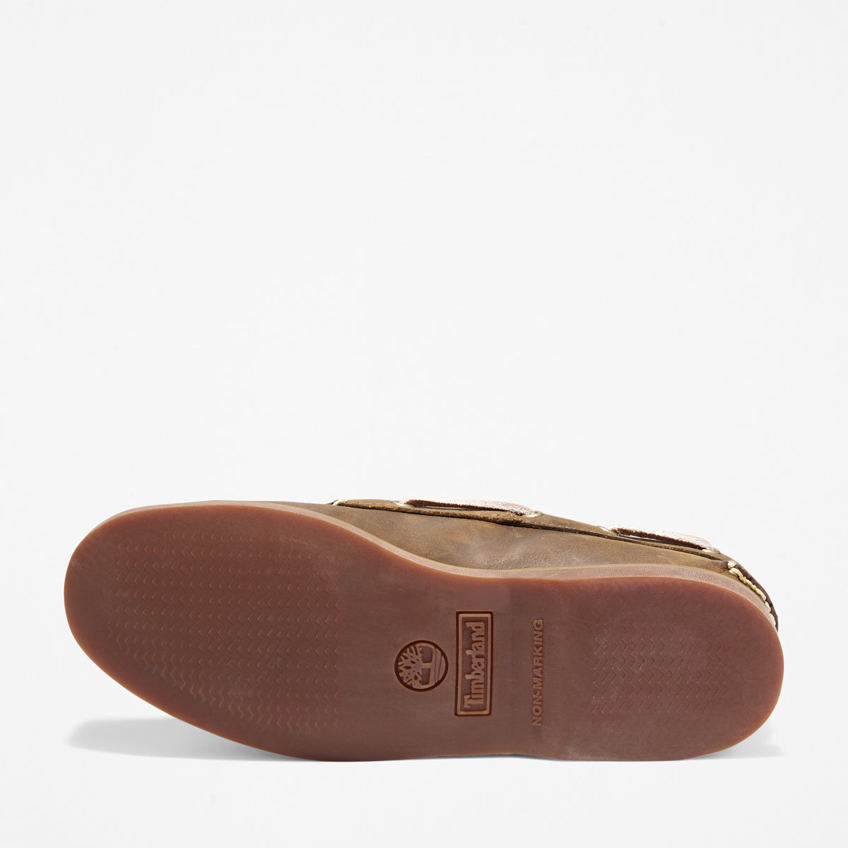 Close-up of siped rubber outsole on Timberland boat shoe