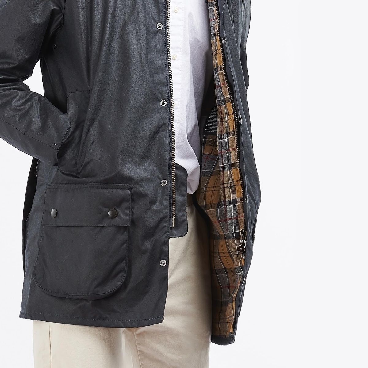 Detail shot of Barbour Beausby bellow pockets and lining