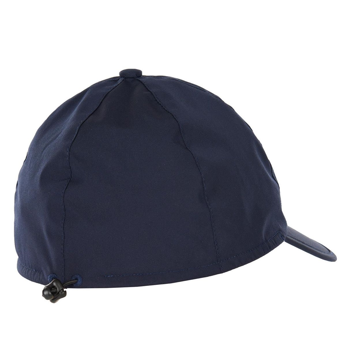 Back view of navy Barbour Crest waterproof packaway cap with adjustable drawcord and toggle