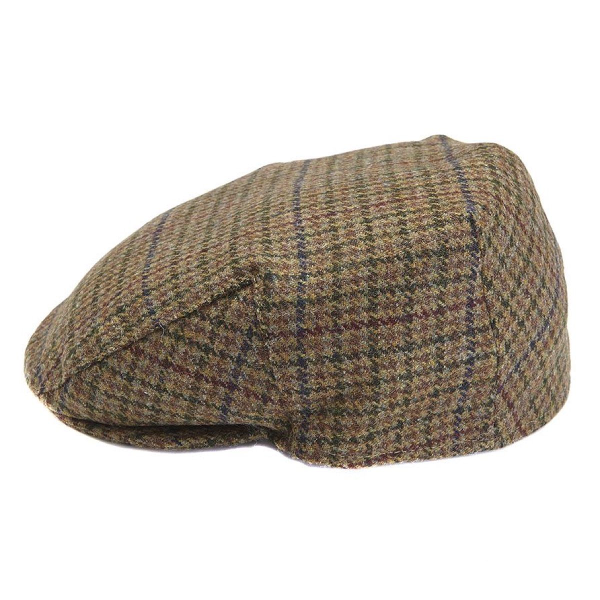 Barbour Crieff Cap in dark olive check tweed with a curved brim from a side view
