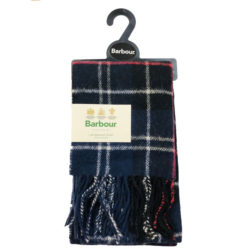 Barbour Tartan Lambswool Scarf navy with white and red plaid on a hanger