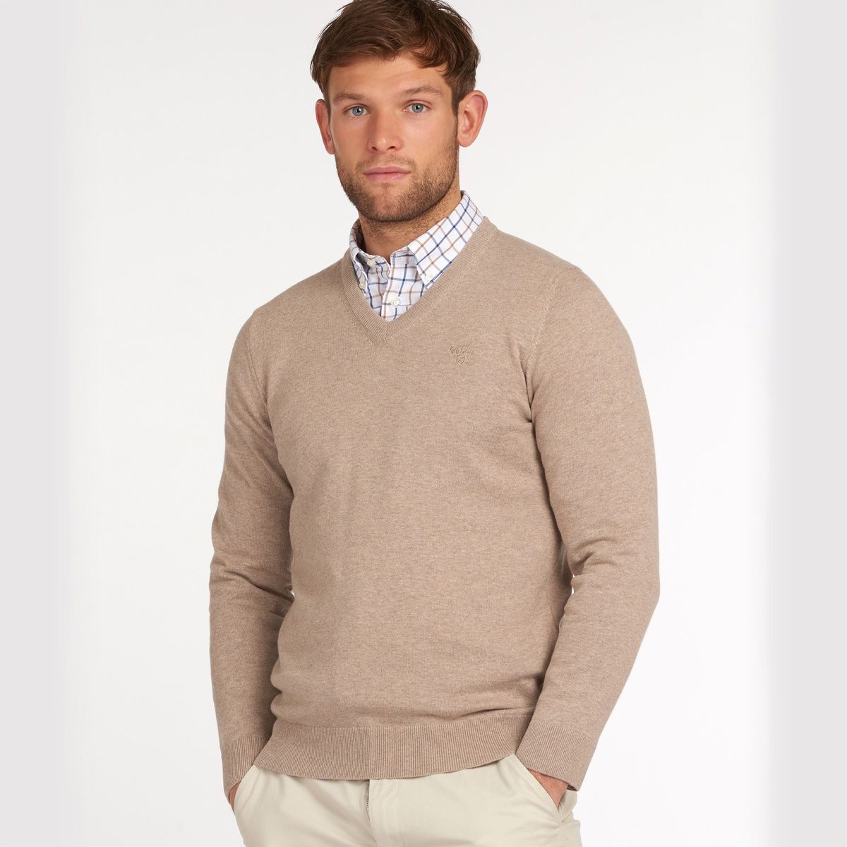 Barbour Pima Cotton V-Neck Men's Jumper | Sand Marl