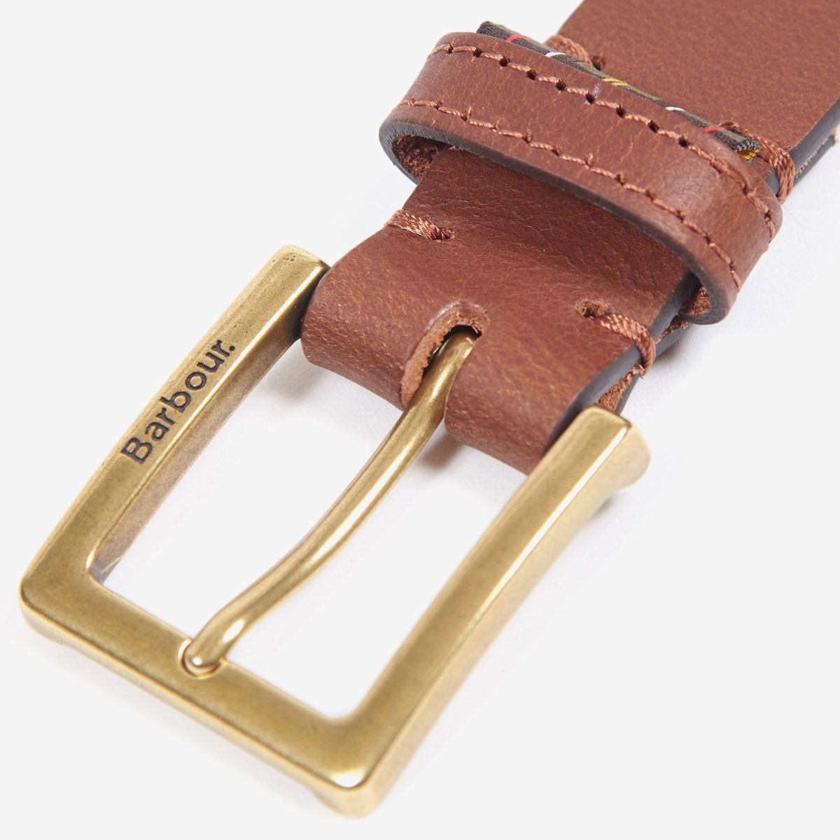 Coiled dark brown Barbour pull up leather belt with brass buckle and stitched keeper