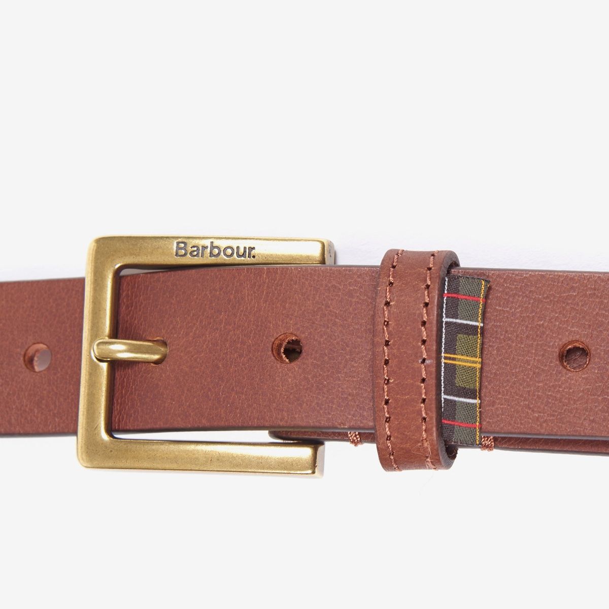 Close-up of Barbour pull up leather belt in dark tan showing brass square buckle