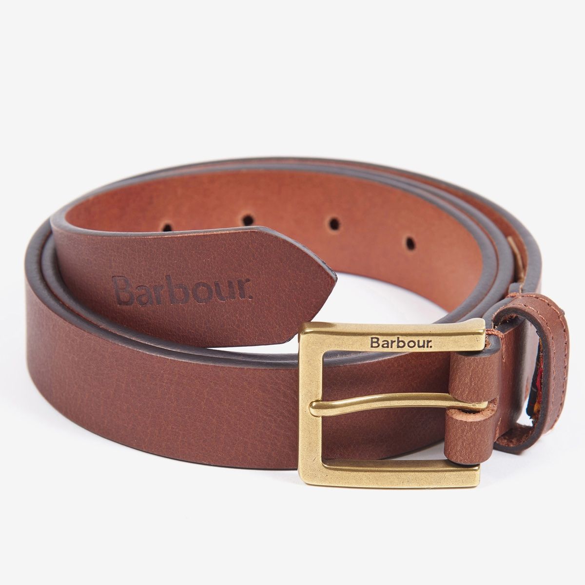 Barbour brown belt with plaid fabric detail and brass buckle seen in close-up