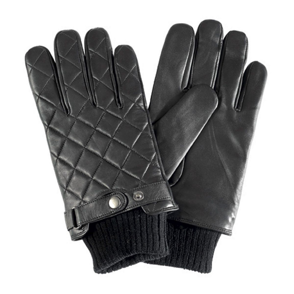 Barbour Quilted Leather Gloves in black featuring a diamond quilted pattern and ribbed cuffs.