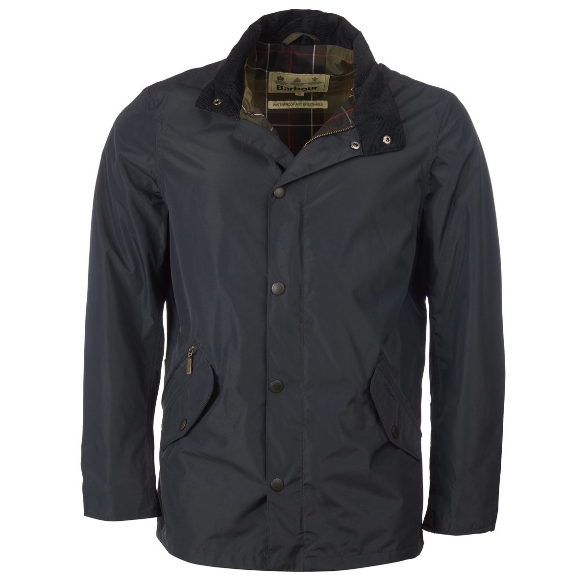Front view of navy Barbour Spoonbill waterproof jacket with zip front and plaid inner lining.