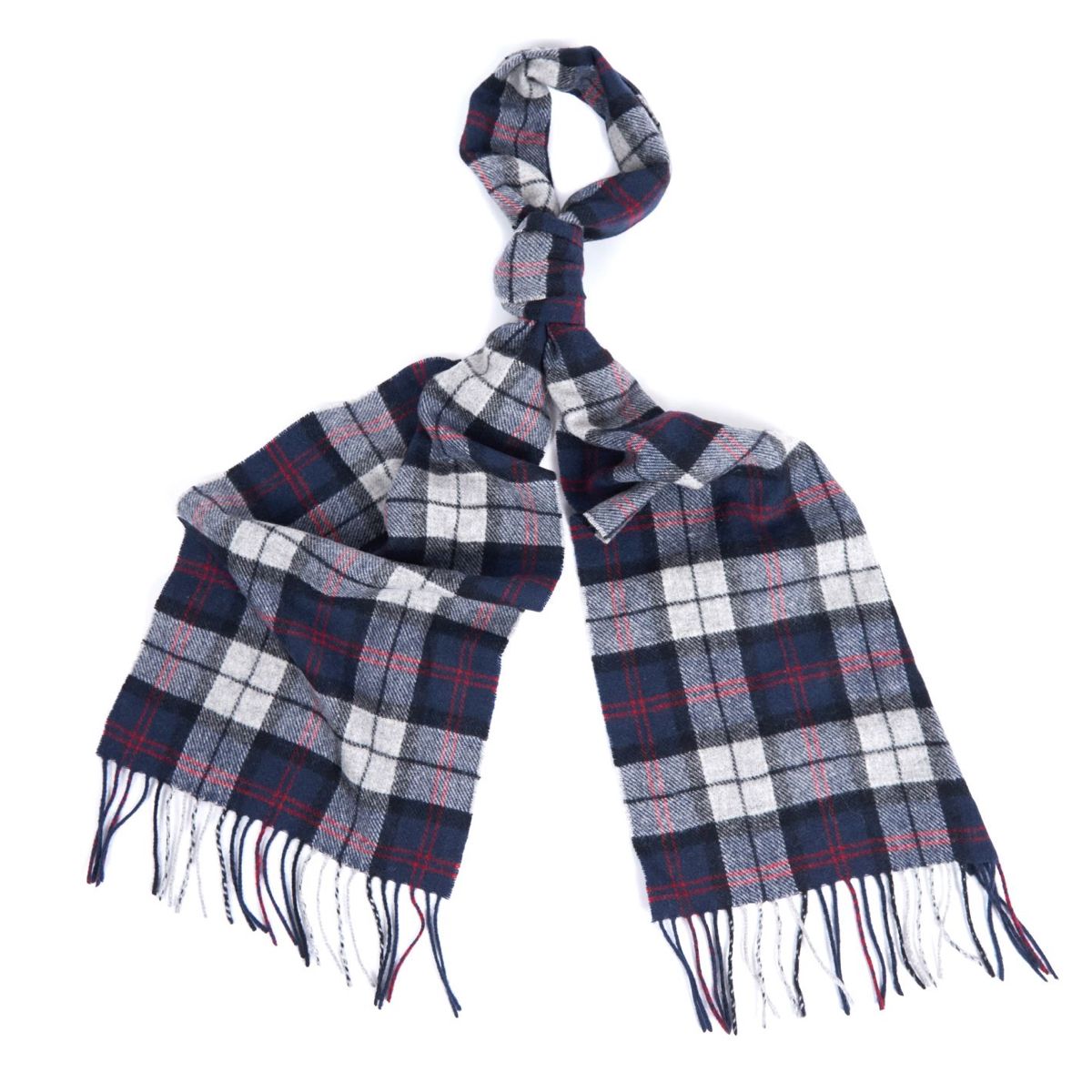 Barbour blue and grey tartan lambswool scarf laid flat with fringe ends.