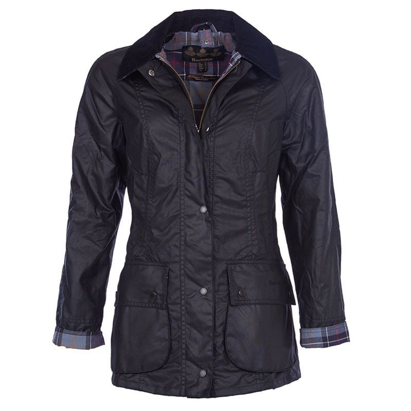 Front view of Barbour Beadnell wax jacket in black
