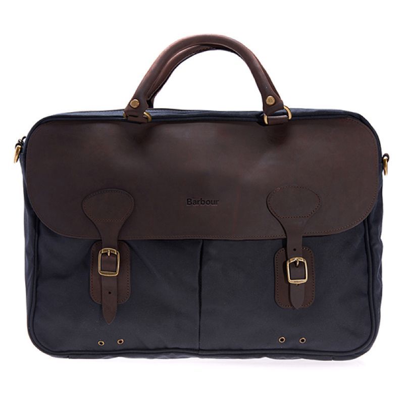 Barbour Wax Leather Briefcase in Navy – front view showing waxed cotton body with leather trim and twin carry handles