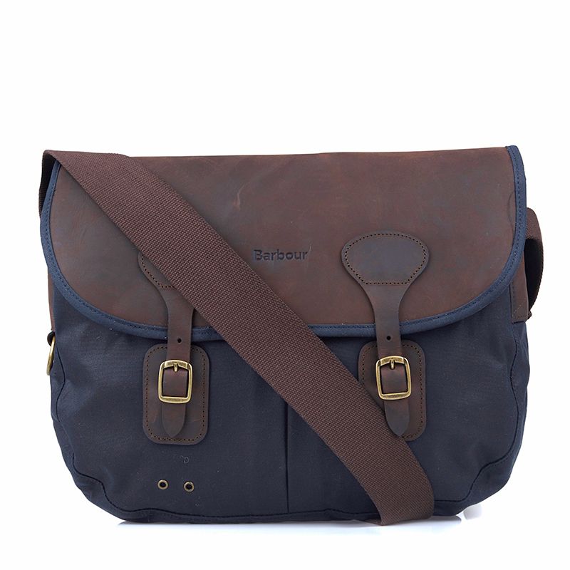 Barbour Wax Leather Tarras Bag in Navy – Front View with Leather Trim