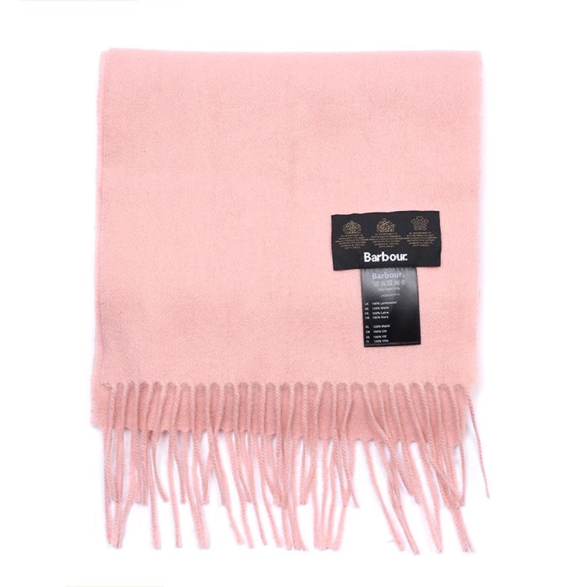 Close up of blush pink Barbour Lambswool scarf showing label and fringe