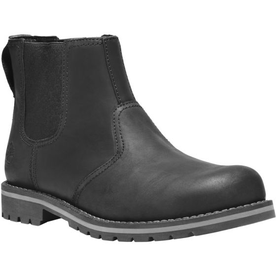A black Timberland Larchmont Chelsea men's boot with elastic side panels and a heel loop, constructed from full grain leather.
