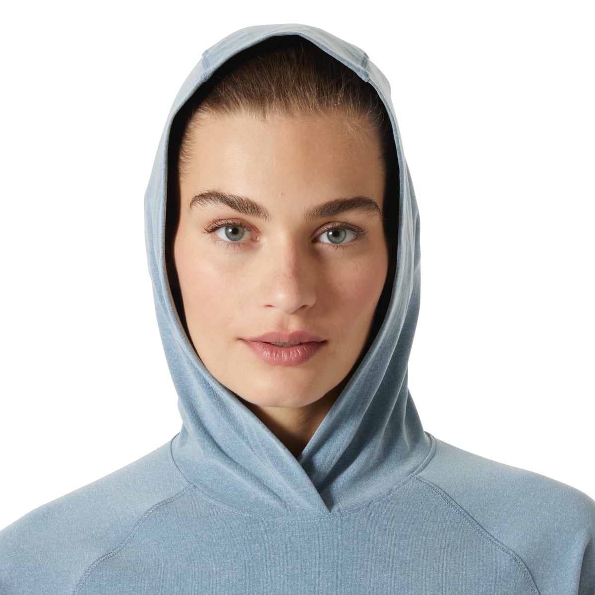 Close up of a model wearing the Washed Navy Melange Tyri Hoodie Fleece with hood up.