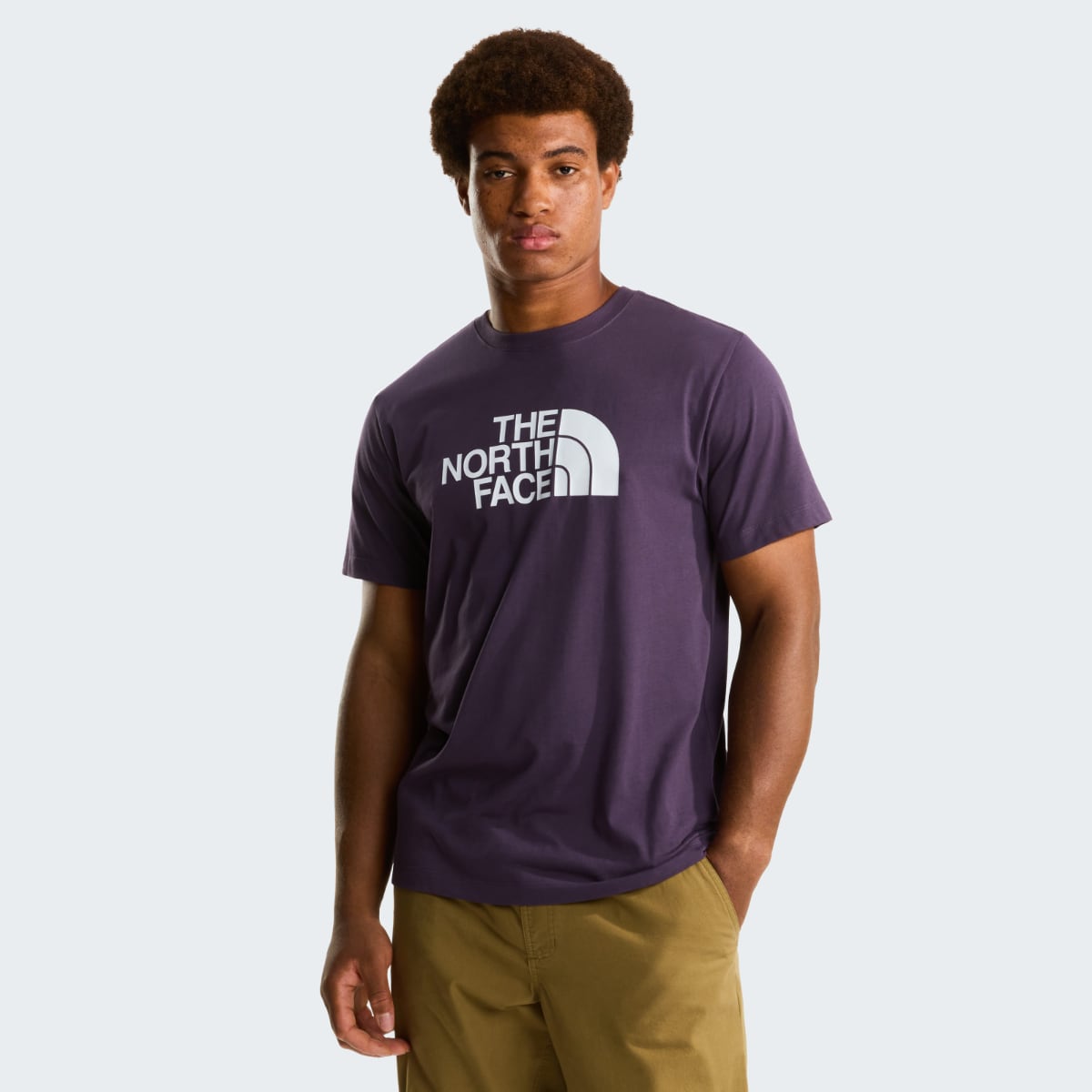 Model wearing a purple Endless Dusk The North Face logo T shirt