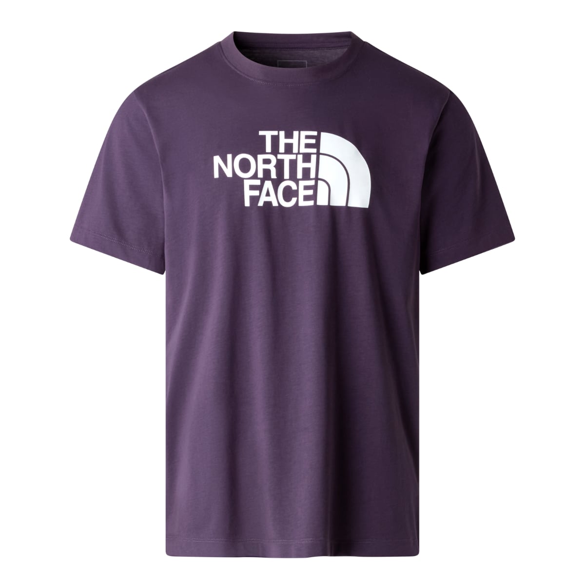 Front view of purple The North Face Evolution Half Dome short sleeve T shirt featuring a large white logo on the chest.