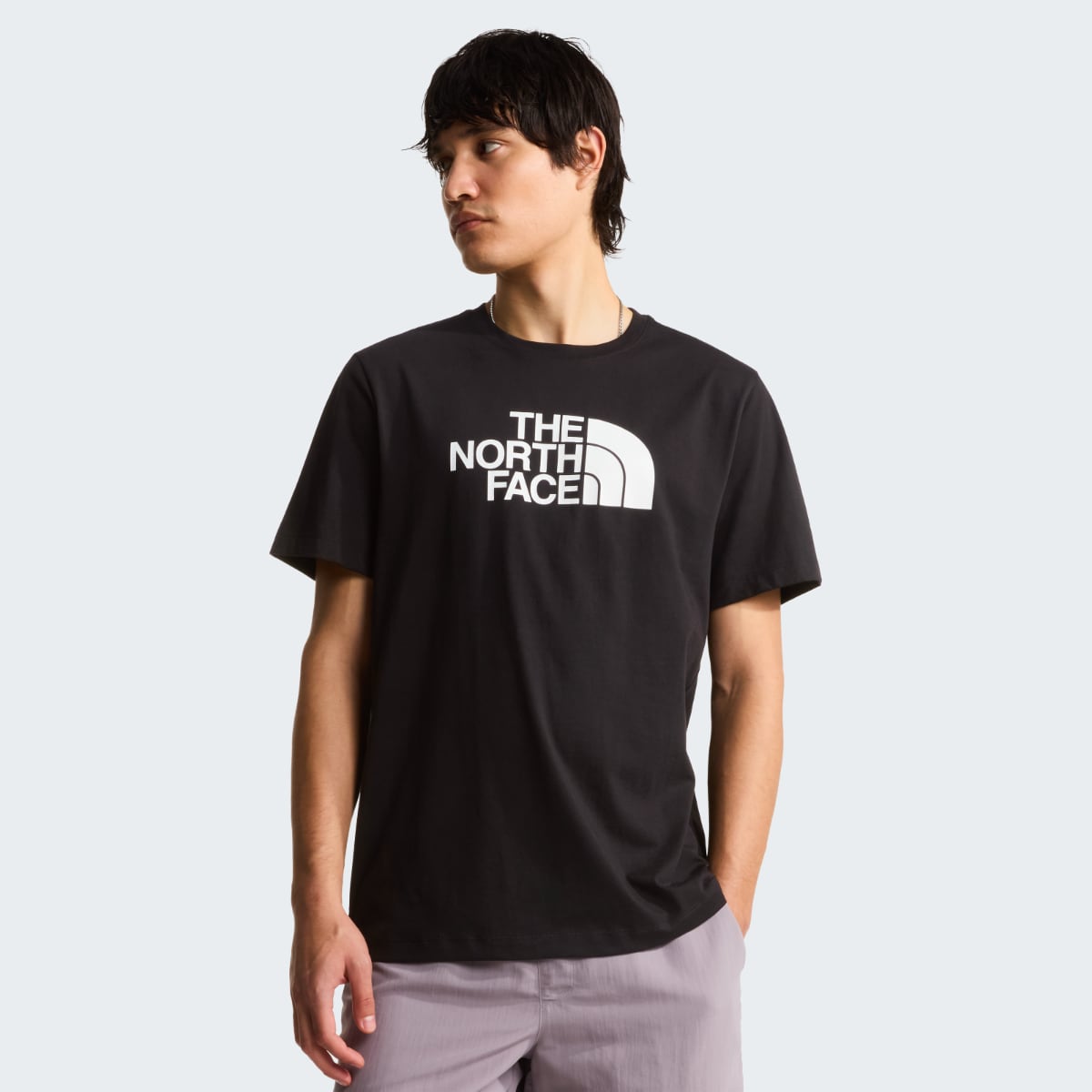 Male model wearing black The North Face Evolution Half Dome short sleeve T-shirt with white front logo.
