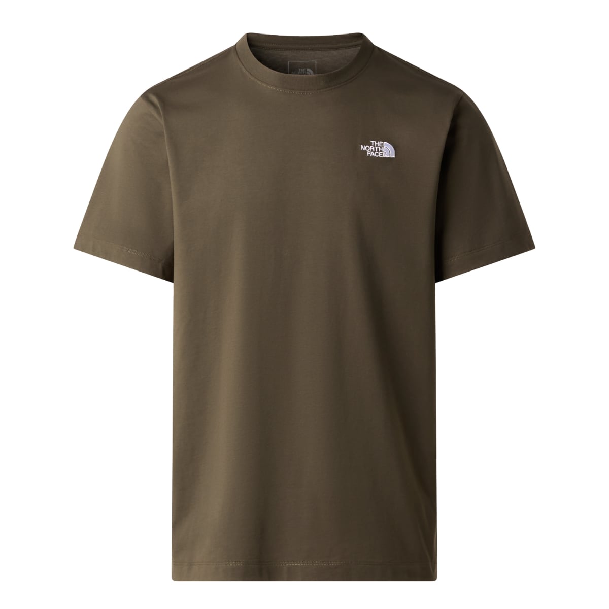 Three quarter rear view of male model in taupe green short sleeve T shirt and tan shorts