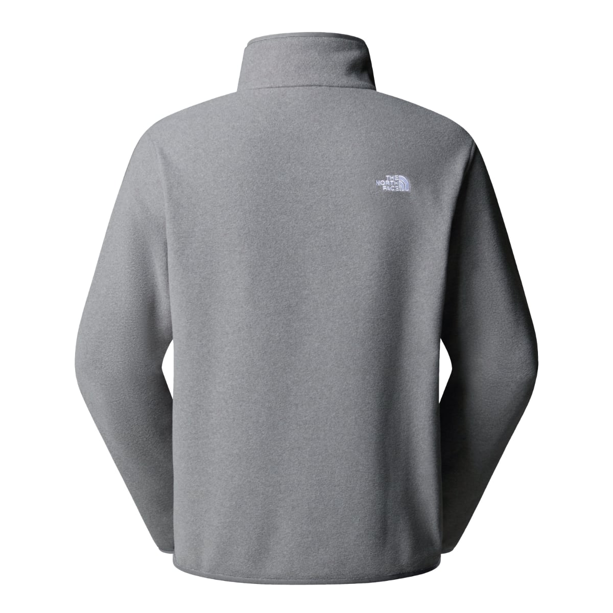 Back view of mid grey Heather Glacier fleece with stand collar and small logo on upper back