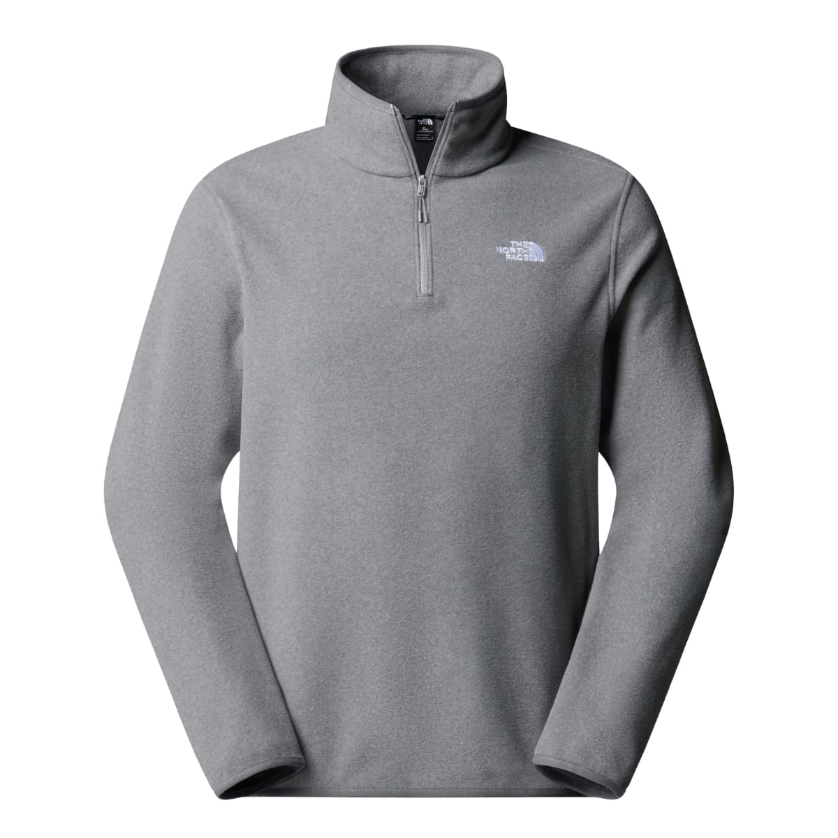 Men's mid grey Heather Glacier fleece with 1/4 zip and stand collar, North Face logo on chest