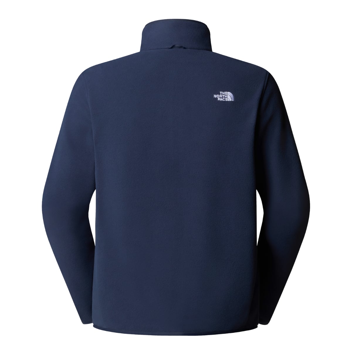 Back view of navy Glacier fleece jacket for men with high collar and small logo on the upper back