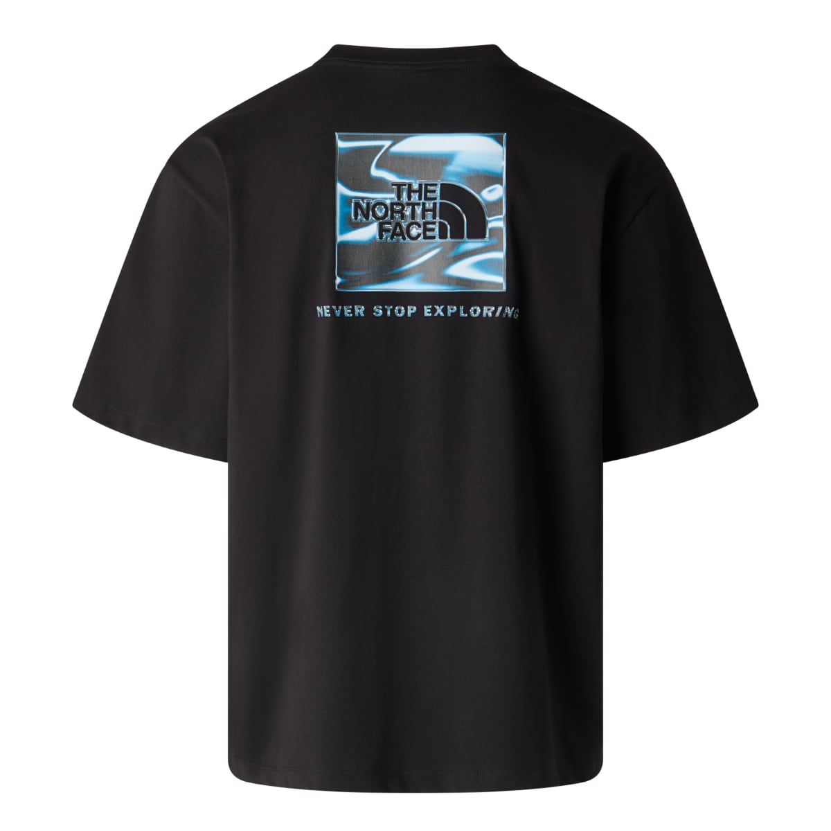 Back view of a black The North Face Box Liquid NSE oversized short sleeve T shirt with a blue square logo and Never Stop Exploring text