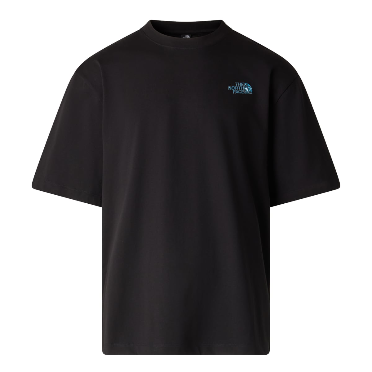 Front view of a black The North Face Box Liquid NSE oversized short sleeve T shirt with a small blue logo on the chest