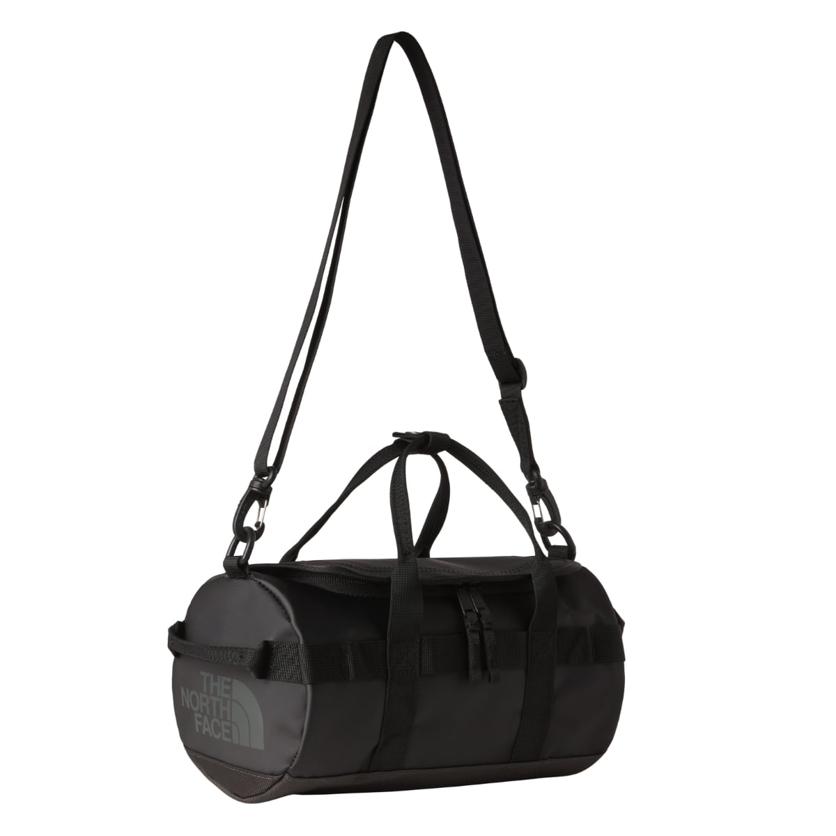 Black and grey Base Camp Duffel Shoulder Bag with long strap and top handles.
