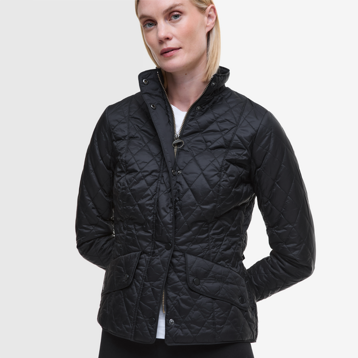 Barbour Flyweight Cavalry Black on model close up