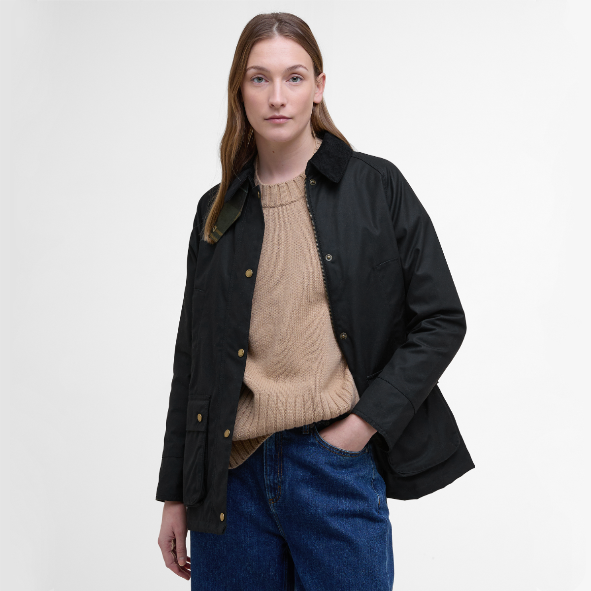 Model wearing Barbour Acorn jacket