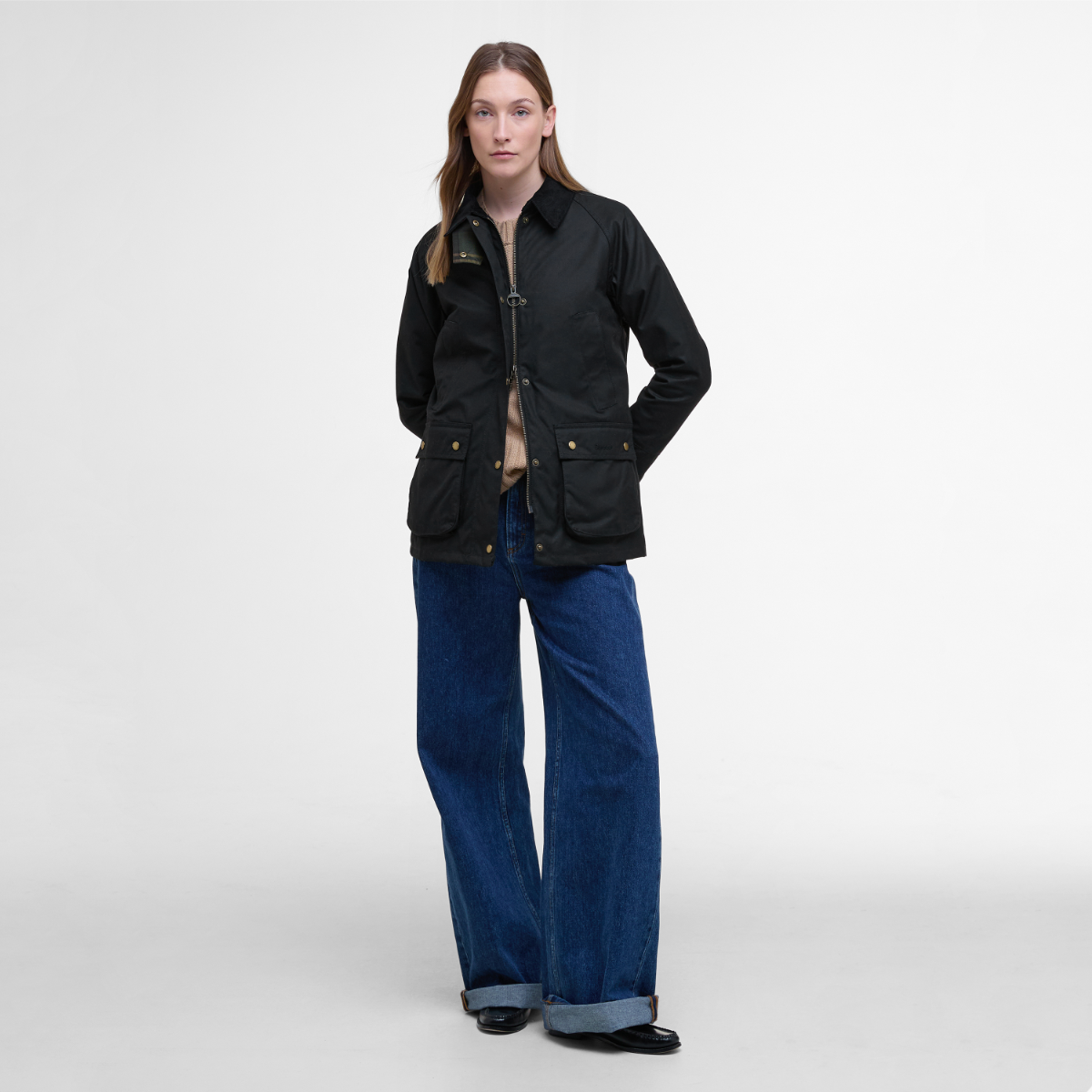 Model wearing Barbour Acorn jacket full height