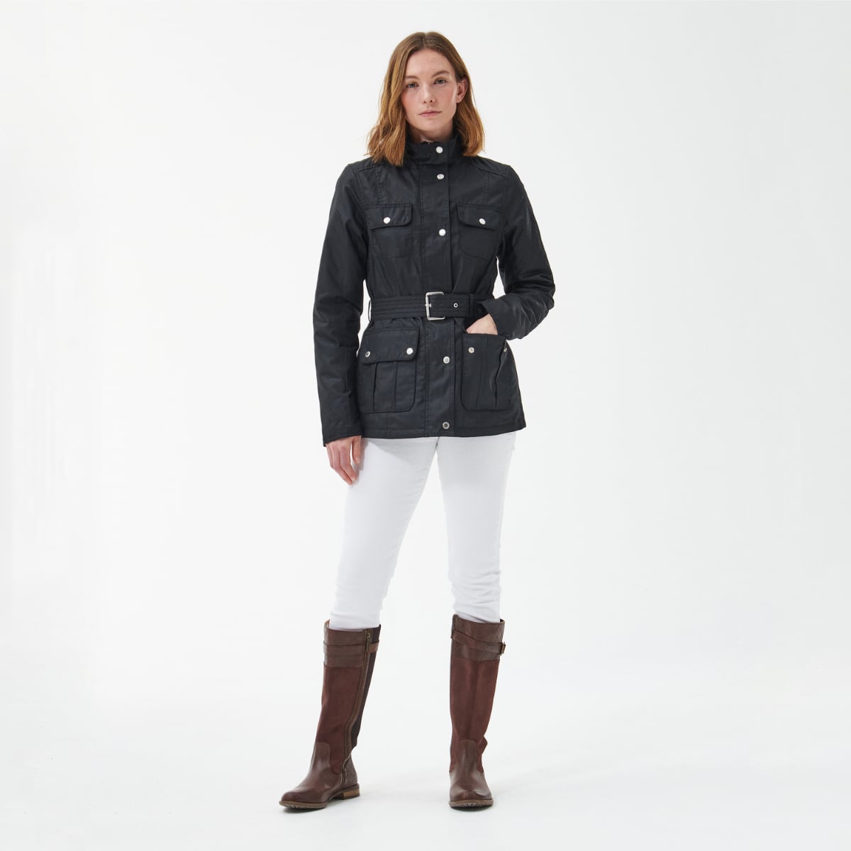 Barbour Winter Belted Utility Women's Waxed Jacket | Black (Gardenia Dress Tartan lining)