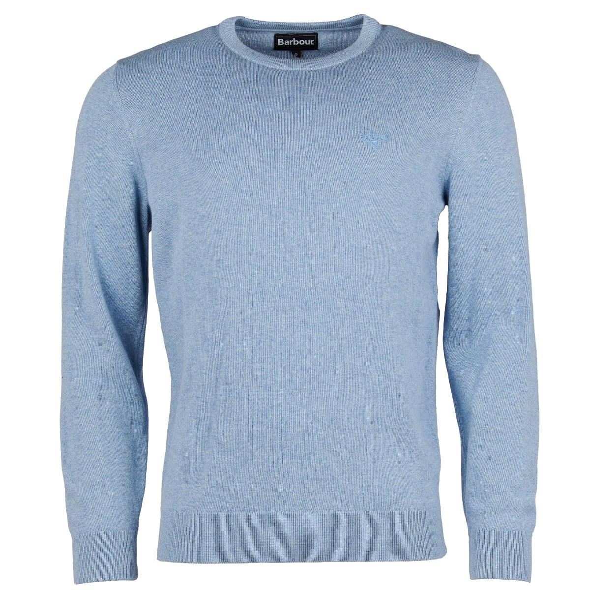 Front view of Barbour Pima Cotton Crew Neck jumper in dark chambray worn by a man