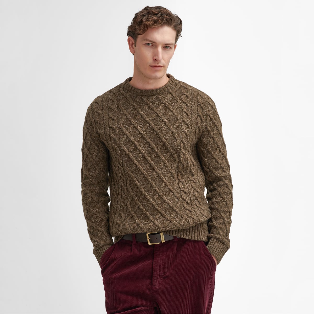 Barbour Stowford Cable-Knit Crew Neck Sweater | Olive Mix