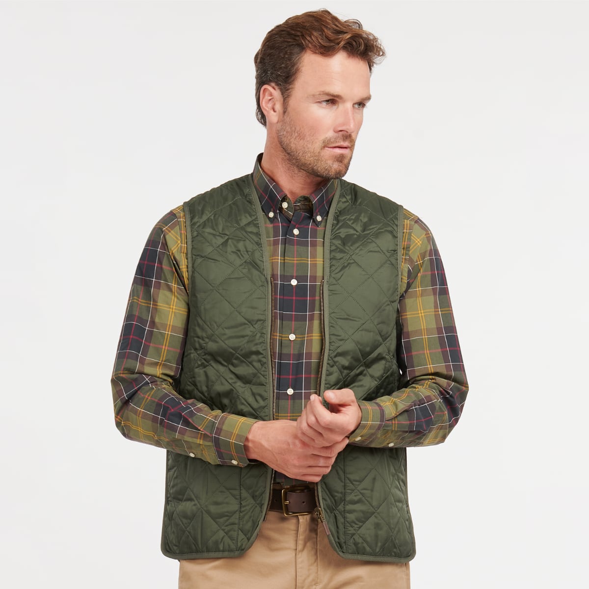 Barbour Zip-In Liner Quilted Men's Gilet | Olive (Classic Tartan Lining)