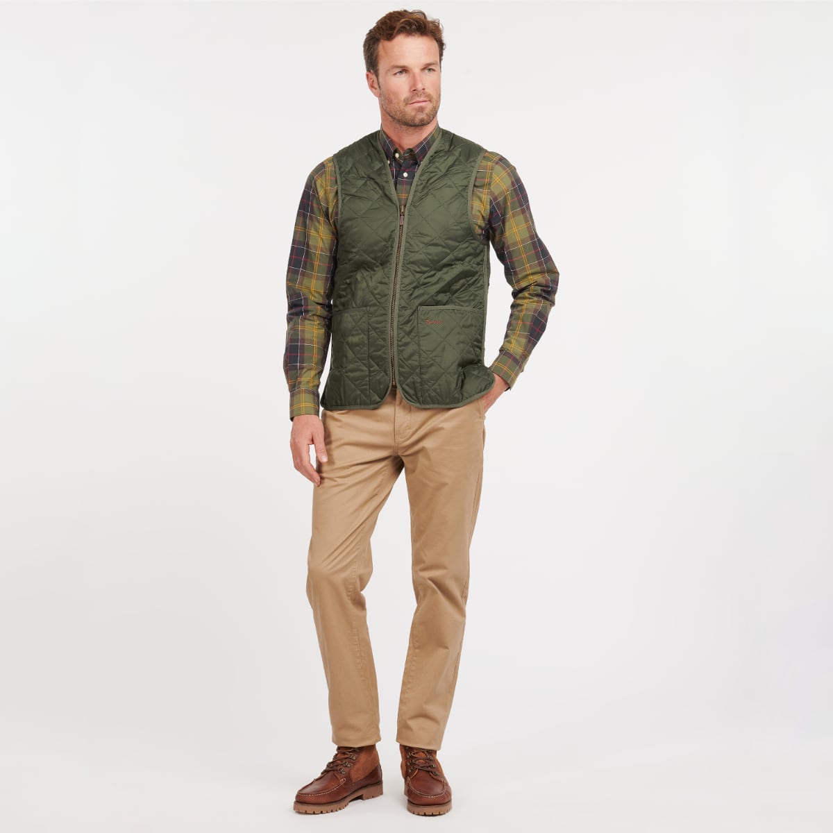 Barbour Zip-In Liner Quilted Men's Gilet | Olive (Classic Tartan Lining)